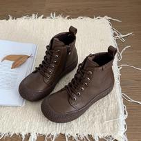 New Leather Ankle Boots Women's Laced Up Waterproof Shoes Ladies Wide Fit Short Boots Woman Oxfors Shoes Brown Booties 35
