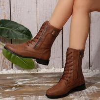 Women's Wide Width Round Toe Boots, Lace-Up Side Zipper Leather Booties, Solid Color Chunky Heel Martin Boots for Women 36