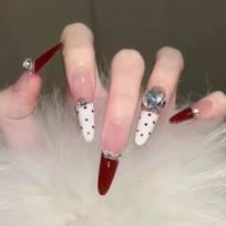 Red Polka Dot Diamond Nail Art - High-End Wearable Handmade Tips 30 Pieces/Box Wearable Nails [Glue Version]