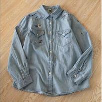 Spring 2026 Women's Retro Distressed Denim Shirt with Heavy Embroidery and Lapel One Size