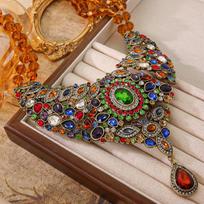 Medieval Retro Bohemian Style Exaggerated Colorful Gemstones Fully Inlaid With Bead Necklace Earrings