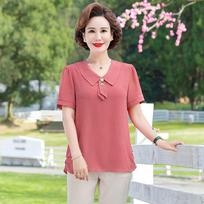 Mom's Stylish Summer Two-Piece Set: Chiffon Top & Short Sleeve T-Shirt for Middle-Aged Women XL [88-105 lbs]