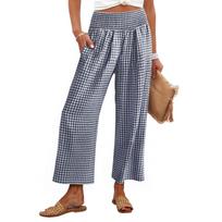 Women's Fashion Loose Pleated Elastic Waist Pocket Checkered Casual 9/10 Pants S