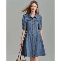 Demana Women's Lapel Puff Sleeve Pleated Denim Dress M