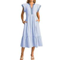 Women's Striped Midi Dress Ruffle Cap Sleeve V Neck Swing Long Dress Summer Beach M