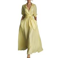 Women's Maxi Shirt Dress, Half Sleeve Lapel V Neck Long Dress, Casual A-line Loose Swing Dress with Pockets S