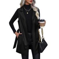 Women  Vest Coat with Belt Lace-up Waist Turn-down Collar Smooth Faux Leather Mid Length Cardigan Commuting Shopping Lady Waistcoat Outwear S