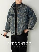 Oriental Charm Men's Luxury Jacquard Denim Jacket, Autumn/Winter 2025, Slightly Loose Fit with Old Money Lapel. XL