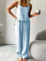 European American Sleeveless Spaghetti Strap Wide-Leg Pants Set: Loose-Fit Cotton Linen Home Wear for Women S