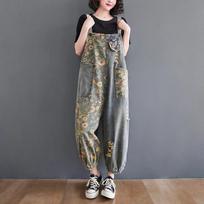 Casual Oversized Print Floral Denim Overalls for Women Loose Wide Leg Mom Jeans Rompers and Jumpsuit Cargo Straps Baggy Pants L
