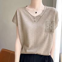 Women's Linen Blend V-Neck Lace Pocket Short Sleeve Loose Casual T-Shirt S