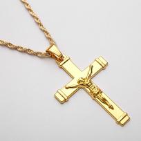 High Quality 24K Gold Plated Jesus Christ Cross Pendant Hip Hop Rap Golden Crucifixio Cuban Chain Necklace Men Jewelry 60CM beige