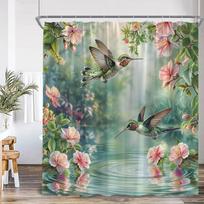 Bird Animal Shower Curtain Huumingbird Flower Floral Plant Classical Bathroom Decor Spring Autumn Polyester Bath Curtain With Ho W60H190(CM)-1 Pcs