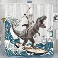 Surfing Dinosaur Ocean Shower Curtain, Fun Cat Shower Curtain, Wave Bathroom Shower Curtain Set, Bathroom W60H190(CM)-1 Pcs