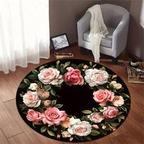 Rose Wreath Floral Round Rug Elegant Black Background Flannel Carpet for Living Room Bedroom Decorative Non Slip Washable Floor 60cm
