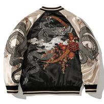 Embroidered Dragon Contrast Color Loose Casual Jacket Men High Street Harajuku Trendy Baseball Coat Hip Hop Outerwear for Street Casual Daily Wear S