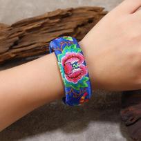 Original embroidery fabric art, peony flower bracelet, female retro literary wide version, versatile bracelet, personalized bracelet