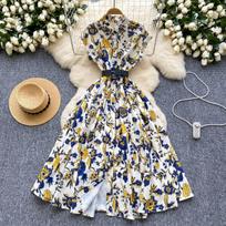 Women's Lapel Collar Vintage Midi Shirt Dress Summer Runway Pleated Short Sleeve Retro Jungle Print Belt Ladies Midi Dresses M