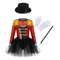 Long Sleeve Sequin Tutu Leotard Set for Girls: Complete Circus Costume with Tassel Shoulder, Hat & Wand for Role Play Party 5-6 Years