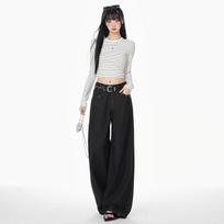 Women's American Retro Black Wide-Leg Rivet Jeans - Spring 2026 Collection Extra Large