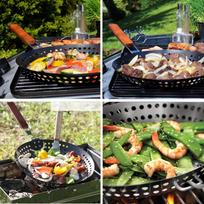 Non Stick Metal Grilling Skillet with Folding Wooden Handle Grill Skillet Pan with Holes for Outdoor Grill Topper Barbecue Pan for Vegetables Sfood Mt