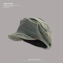 Japanese style washed distressed denim pleated beret women's retroeasiest for match face small painter octagonal hat newsboy hat M（56-60cm）