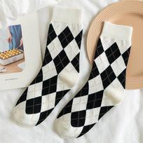 Women's Argyle Mid-Calf Jacquard Socks, Trendy Spring/Autumn Japanese-Inspired Sports Style One Size