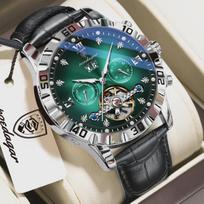Aukščiausios prabangos vyriški laikrodžiai Originalus mechaninis odinis verslo vyrų laikrodis Data Savaitė Tuščiaviduris Tourbillon Automatinis laikrodis ruda/mėlyna
