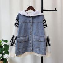 Autumn and winter new hooded splicing denim knitted cardigan design sense loose casual sweater jacket women one size fits all