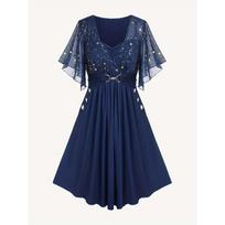 Fashion Women's Explosions Star Print Button Pocket Pleats Butterfly Sleeve Elegant Temperament Dress XL