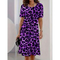 Plus Size Leopard Print Dress Purple Full Printed Short Sleeve Dress for Women Casual Party Wear S
