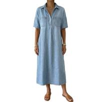 Women's Denim Shirt Dress Casual Short Sleeve Button Up Jean Midi Dress Vintage A-Line Long Dress with Pockets S