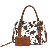 2PC Set Women tote bag classic PU leather cow pattern large capacity frt outer large pocket crossbody bag casual business ba (30cm<Max Length<50cm)