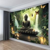 Buddha Statue Waterfall Forest Tapestry Zen Meditation Art Butterfly Decor Peaceful Nature Wall Hanging Living Room Print 70x100CM