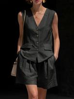 European-American Style Women's Cotton-Linen V-Neck Sleeveless Vest and Shorts Summer Set XXL juoda