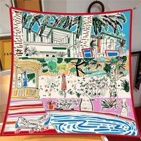 90x90cm New Design Shawl Ocean Villa Printed Silk Scarf Square Scarves Lady Wraps Kerchief Woman Neck Shawl Wraps Echarpes 90x90cm