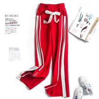 Design sense contrasting color straight wide-leg pants women's new high-waisted and thin spring, autumn and winter split-ended sports casual pants S