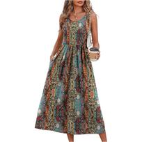 Women's Fashion Pocket Half Sleeve Floral Mid-length Casual Dress M