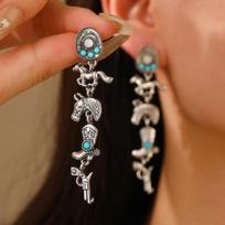 Vintage Bohemian Imitation Turquoise Denim Hat, Horse Style Earrings, Women's Personalized Ethnic Style Holiday Accessories