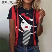 Women Fashion T-Shirts Short Sleeve Hand-Painted Character Face 3D Print Streetwear Ladies T-Shirt Summer O-Neck Casual Tops M