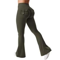 Yousheng Women Yoga Pants Solid Color Slim Fit Flared Pants with Pockets Thin Elastic Cargo Style Sexy Ruched Long Pants L