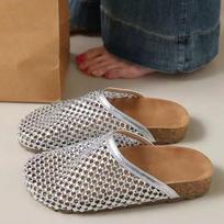Super Popular Water Diamond Full Diamond Women's Shoes, Fishing Net Toe Cover Half-slippers, Flat Lazy Women's Sandals 35
