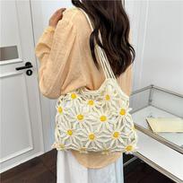 Women Daisy Crochet Woven Tote Bag, Summer Beach Shoulder Bag Hollow Out Floral Knit Handbag for Travel Daily Use