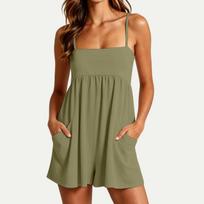 Women’s Casual Sleeveless Jumpsuit Square Neck Wide Leg Romper with Adjustable Straps and Front Pockets for Daily Wear L