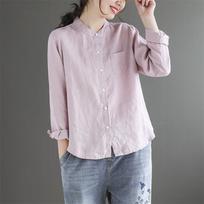 Women's Mandarin Collar Long Sleeve Linen Shirt Loose Straight Fit Vintage Solid Color Casual Blouse Office Commuter Top M rožinė