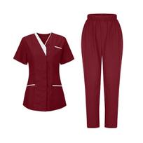 Women's Uniforms Quick Dry Fabrics V-Neck With Pockets Short Sleeves Long Pants Solid Color Workwear Suit S