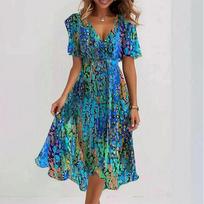 Women's V Neck Short Sleeve Midi Dress Slim Fit Elastic Waist Casual Printed Summer Long Dress S