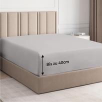 Šviesiai pilka priglundanti paklodė su guma 200x200 cm – minkšta, kvėpuojanti, skirta čiužiniams iki 40 cm