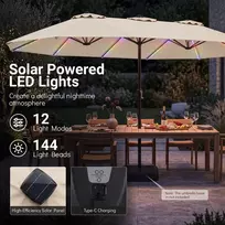 Promotions Dvipusis terasos skėtis su 144 LED šviesomis 436x258x254 cm, smėlio spalvos
