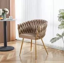 Mivihome Glamūrinė aksominė kėdė valgomajam, auksinės kojos, pintas atlošas, ROSA kava